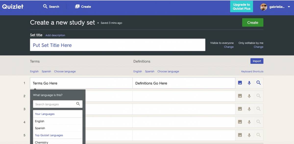 Quizlet screenshot of how to create a new study set, including where to put the title, terms, and definitions.