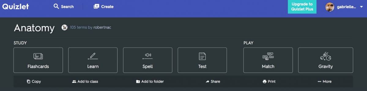 Quizlet screenshot of the six modes: flashcards, learn, spell, test, match, and gravity.