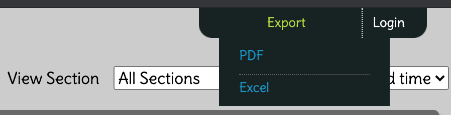 Screenshot of the IdeaBoardz export to pdf or excel sheet pulldown.