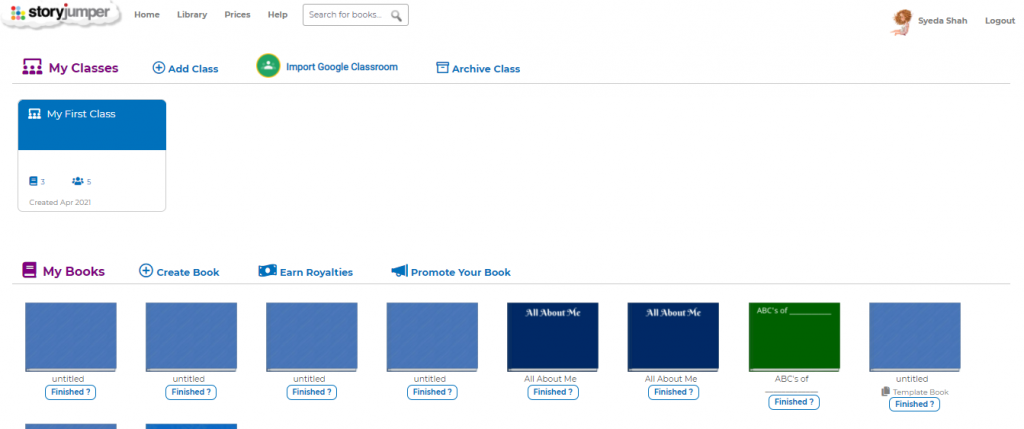 Image of Storyjumper main screen, "My Classes" are on the top and "My Books? are on the bottom.