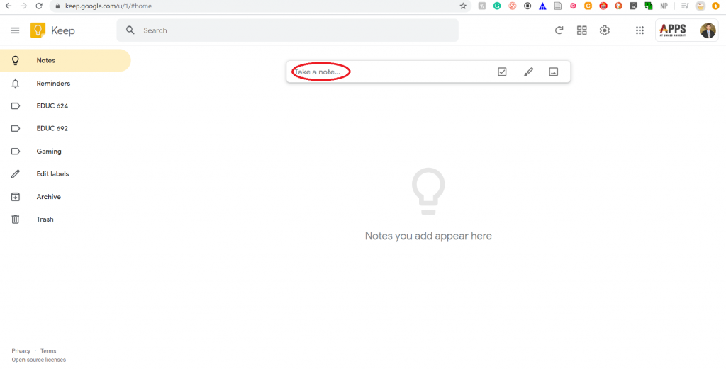 A screenshot of the web application Google Keep with the words "Take a note" circled in red in a text box