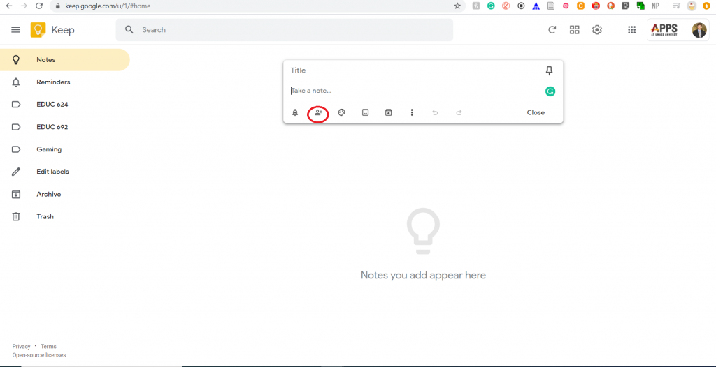 A screenshot of the application Google Keep circling the icon used to invite collaborators
