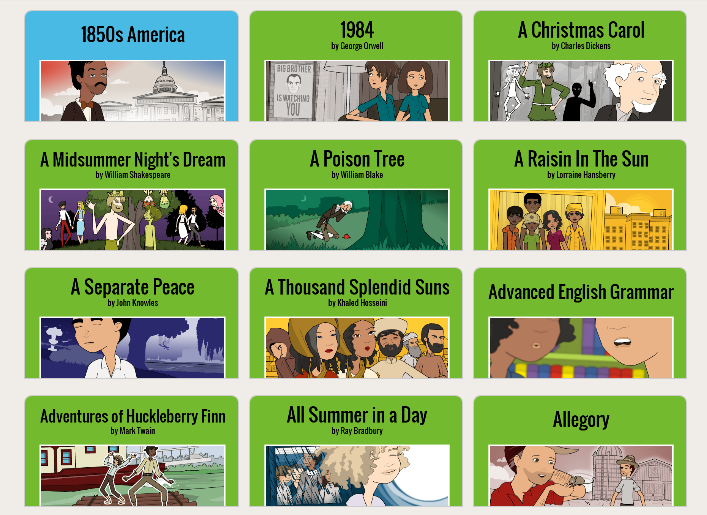 Screenshot of a list of activities for English Language Arts provided by Pixton
