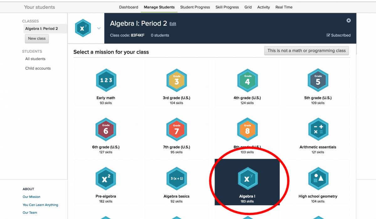 Screenshot of Khan Academy mission options with Algebra I selected and circled in red