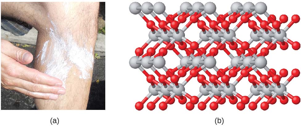 Figure A shows a photo of a person applying suntan lotion to his or her lower leg. Figure B shows a 3-D ball-and-stick model of the molecule titanium dioxide, which involves a complicated interlocking of many titanium and oxygen atoms. The titanium atoms in the molecule are shown as silver spheres and the oxygen atoms are shown as red spheres. There are twice as many oxygen atoms as titanium atoms in the molecule.