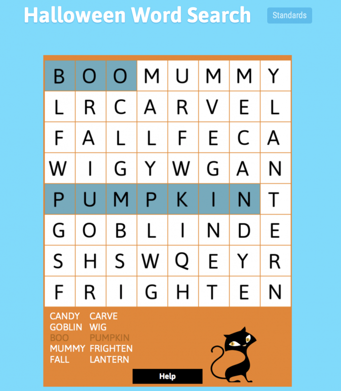 Screenshot Halloween Word Search game from ABCya.com