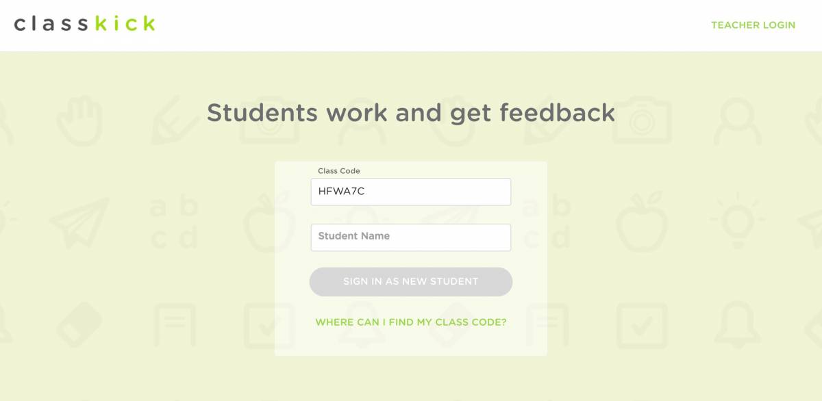 classkick student login page with class code filled in
