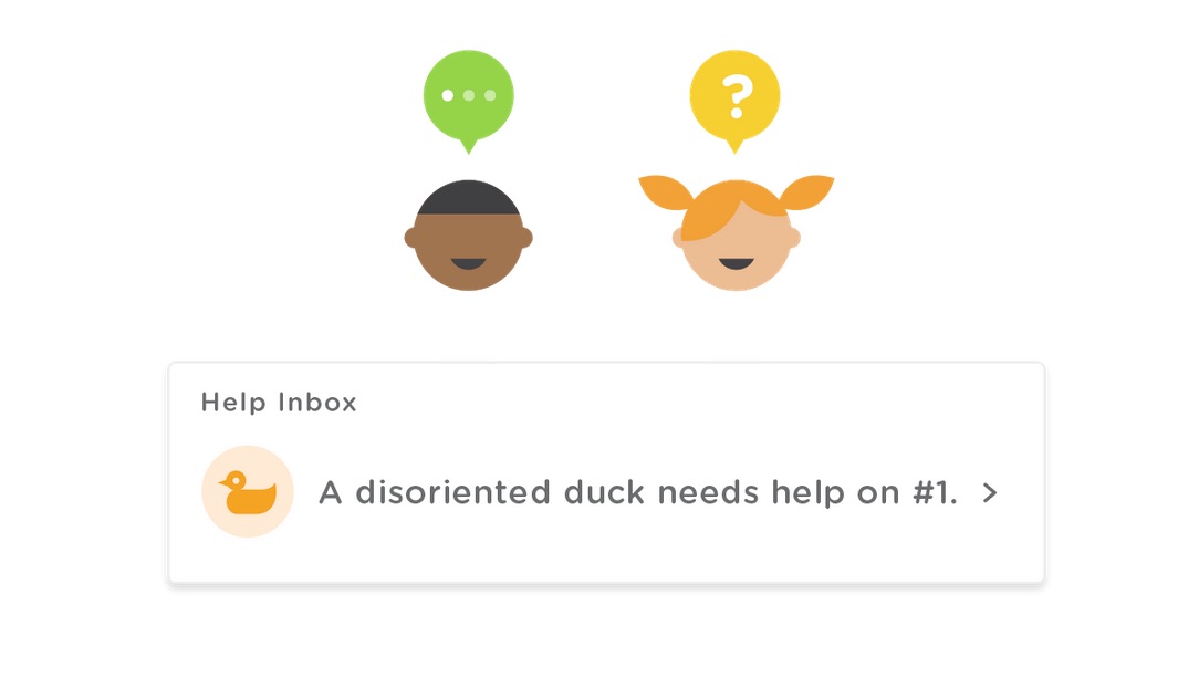 classkick peer help: schematic of two children, one wth green ... above, one with yellow question mark above. There is text showing that a "disoriented duck" needs help, demonstrating that students asking questions are anonymous