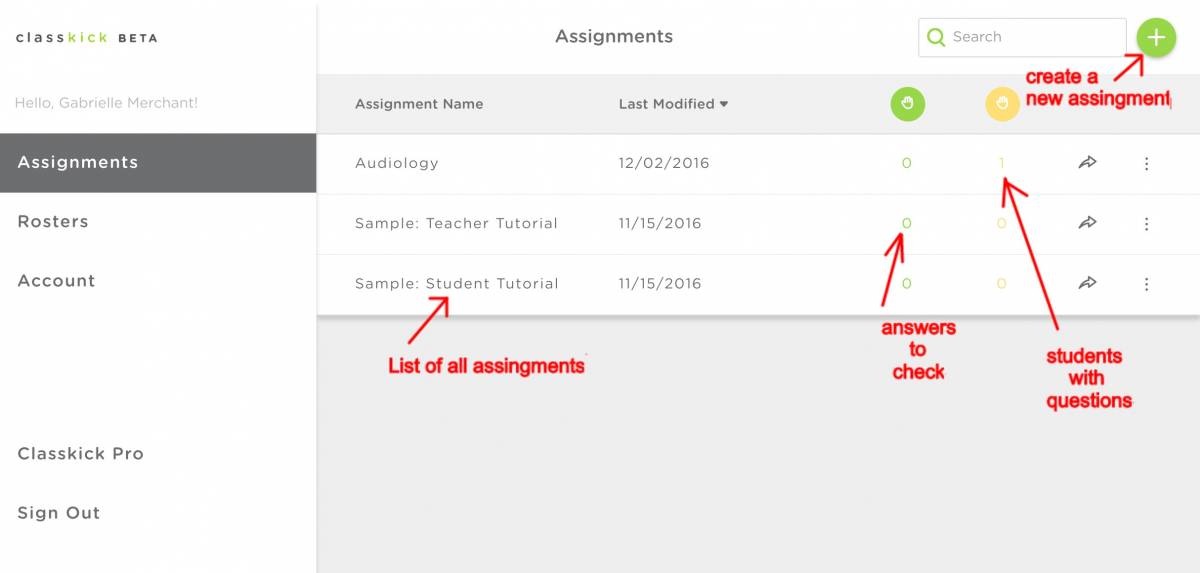 screenshot of teacher dashboard highlighting where the list of assingments are, where to check hand raises, and where to create a new assingment