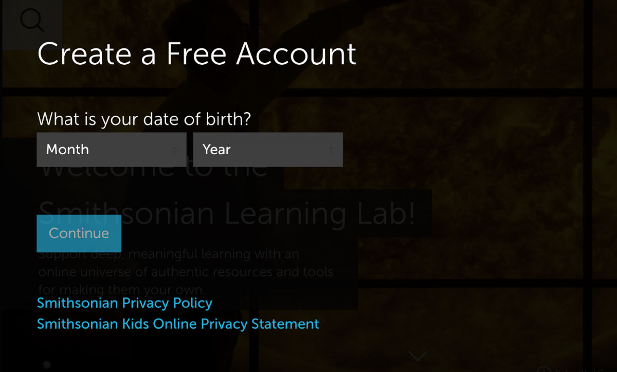 Image of the Create Free Account Screen asking the user to enter their birth date.