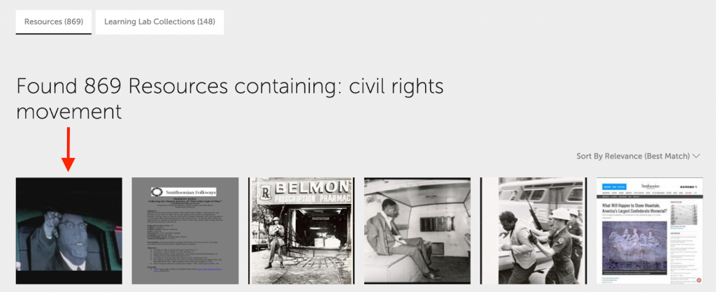 Image of resources found for a search for the civil rights movement with an arrow pointing at an image of Malcolm X.