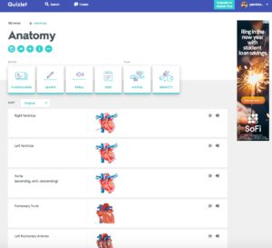 Screenshot of several anatomy terms with corresponding photo, including right ventricle, left ventricle, aorta, pulmonary trunk, and left pulmonary arteries.