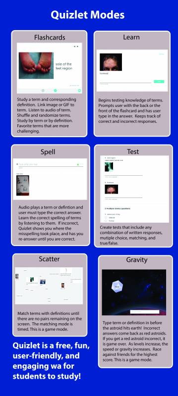 Quizlet Infographic. Rectangles with example photo of 6 modes: flashcards, learn, spell, test, scatter, and gravity. Text explains each mode.