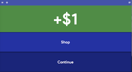 a screenshot showing that the person got the answer correct and received $1. There are two bottons underneath that saying 'Shop' and 'Continue'.