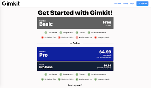 GimKit's Plan options showing Basic, Pro and Pro pass prices and features