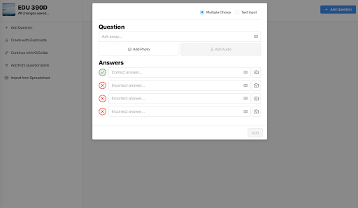 the kit creation screen with a blank space under 'question' and four blank spaces under 'answers'