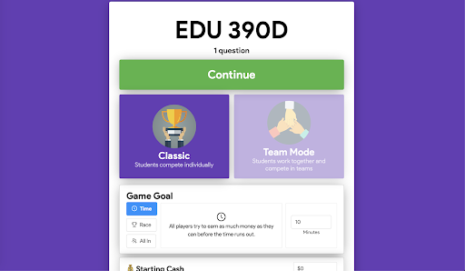 The teachers gimkit screen with the buttons saying 'continue', 'Classic mode', and 'Team Mode' along with more game options. 
