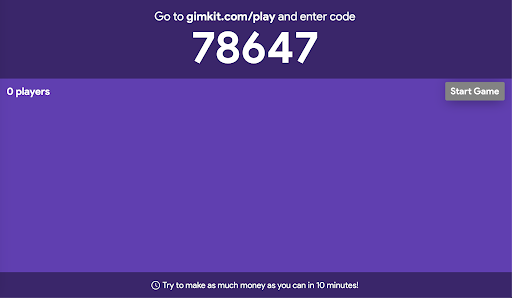 Teacher's Gimkit screen which shows the game code '78647' in big white writing across the top
