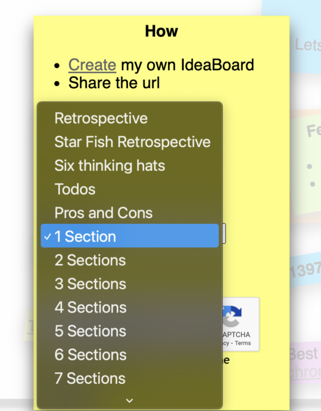 Screenshot of IdeaBoardz section options.
