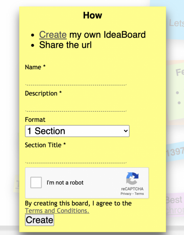 Screenshot of the initially creating board options.
