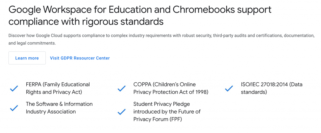 This image shows the FERPA and COPPA compliance through Google Workspace for Education.