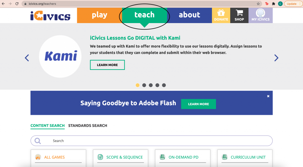 screenshot showing the “teach” tab on the iCivics website
