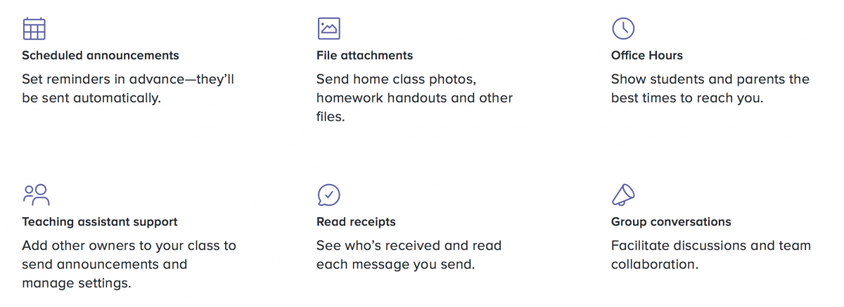 schedule announcements, file attachments, office hours, teaching assistant support, read receipts, group conversations
