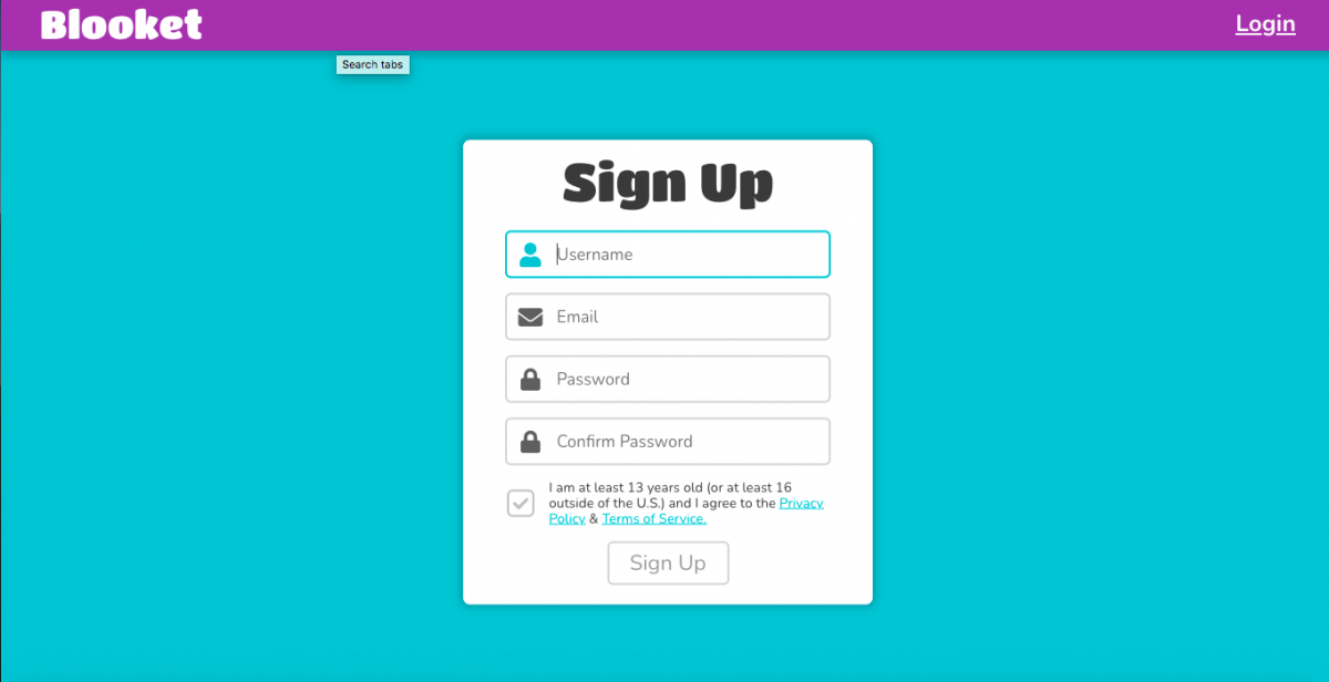 Image of the Blooket sign up screen with username input field.