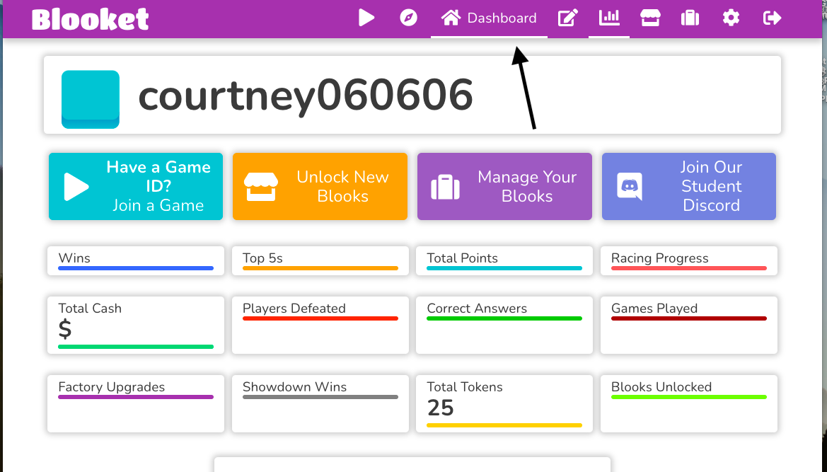 Image of the Blooket dashboard.