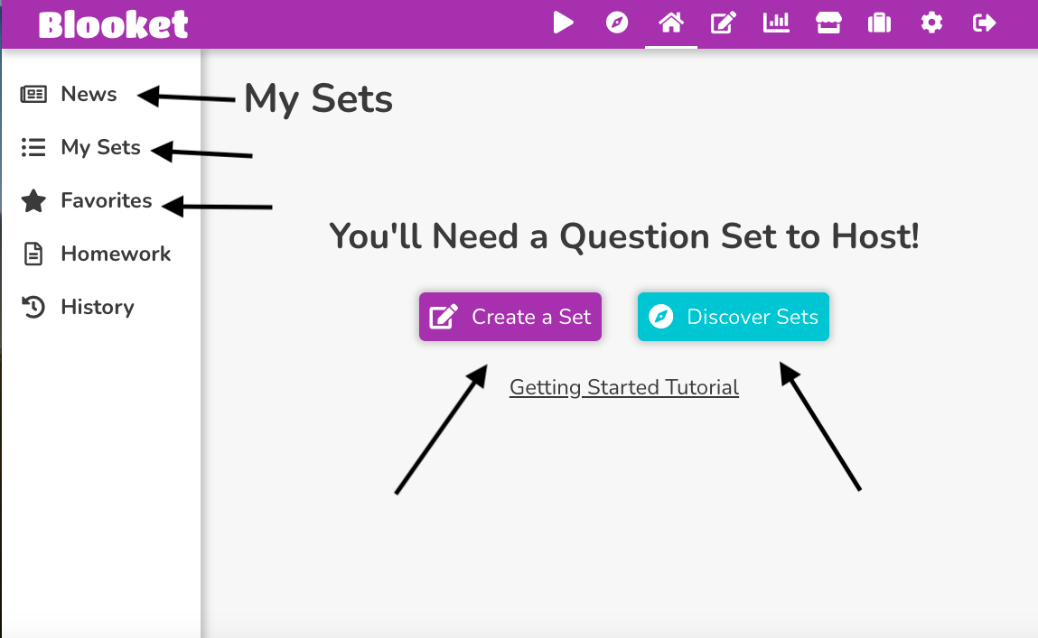 Image of the Blooket sidebar (News, My Sets, Favorites, Homework, and History).