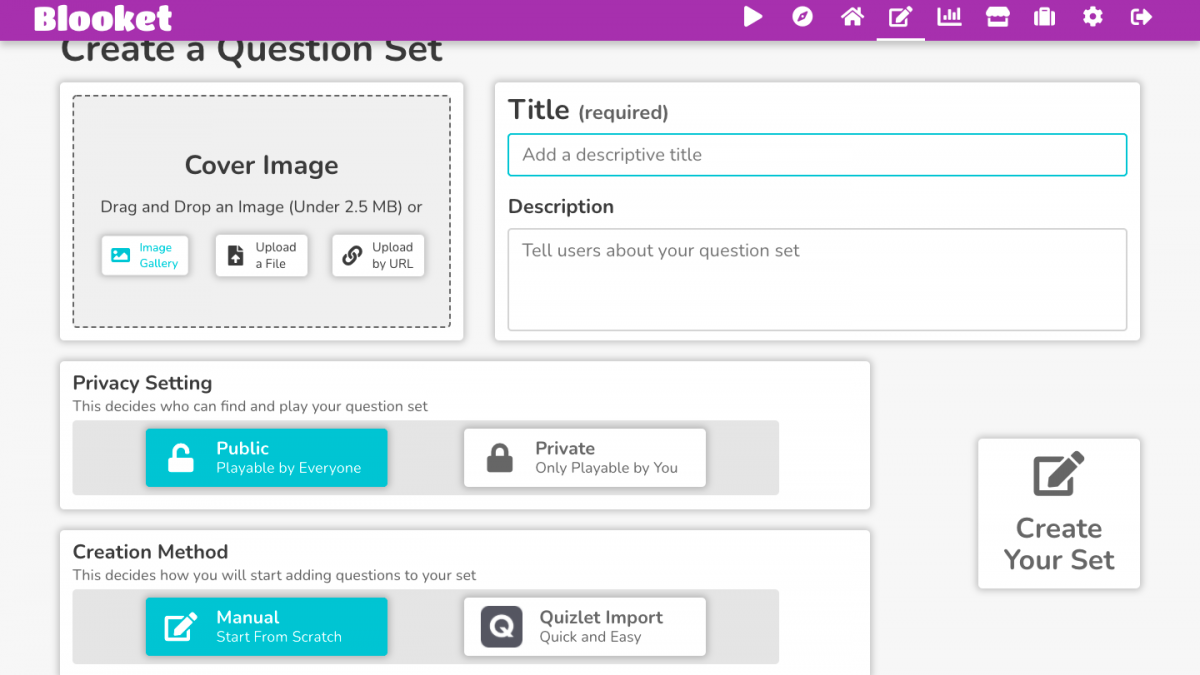 Image of Booklet create a question set screen.