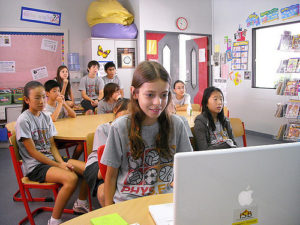 Elementary students using Skype in a classroom.
