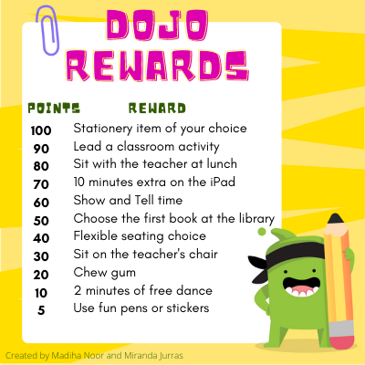 A poster with a list of redeemable rewards in a classroom along with the corresponding number of dojo points. 