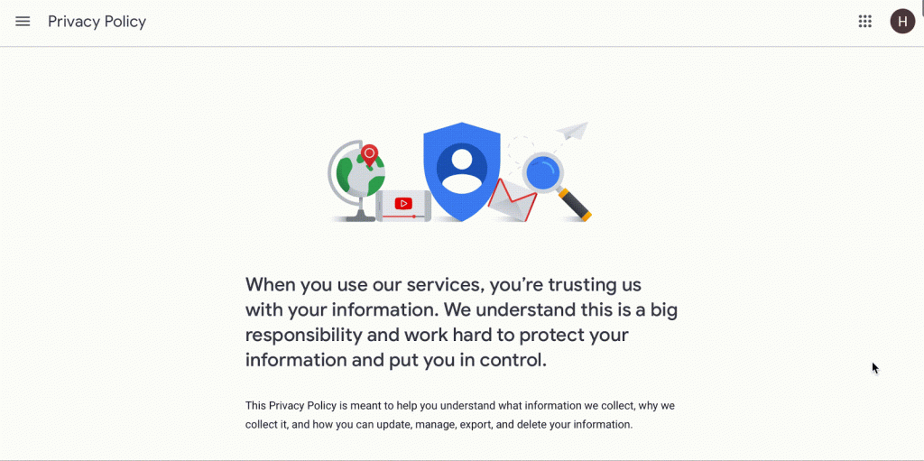 Imagery depicts scrolling through Google’s Privacy Policy.
