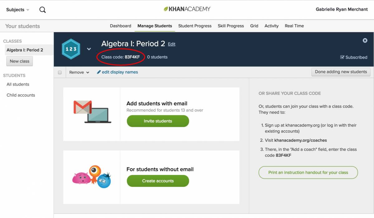 Khan Academy Screenshot of Algebra I page with class code circled in red