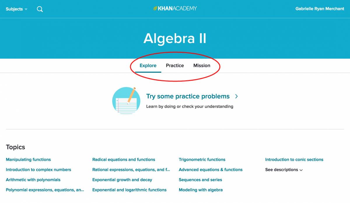 Khan Academy Screenshot of Algebra II page with Explore, Practice, and Mission circled in red
