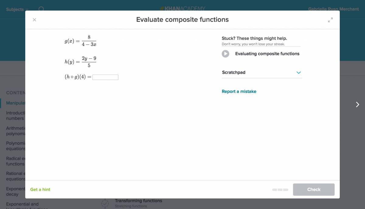 Screenshot of practice problem: Evaluate composite functions