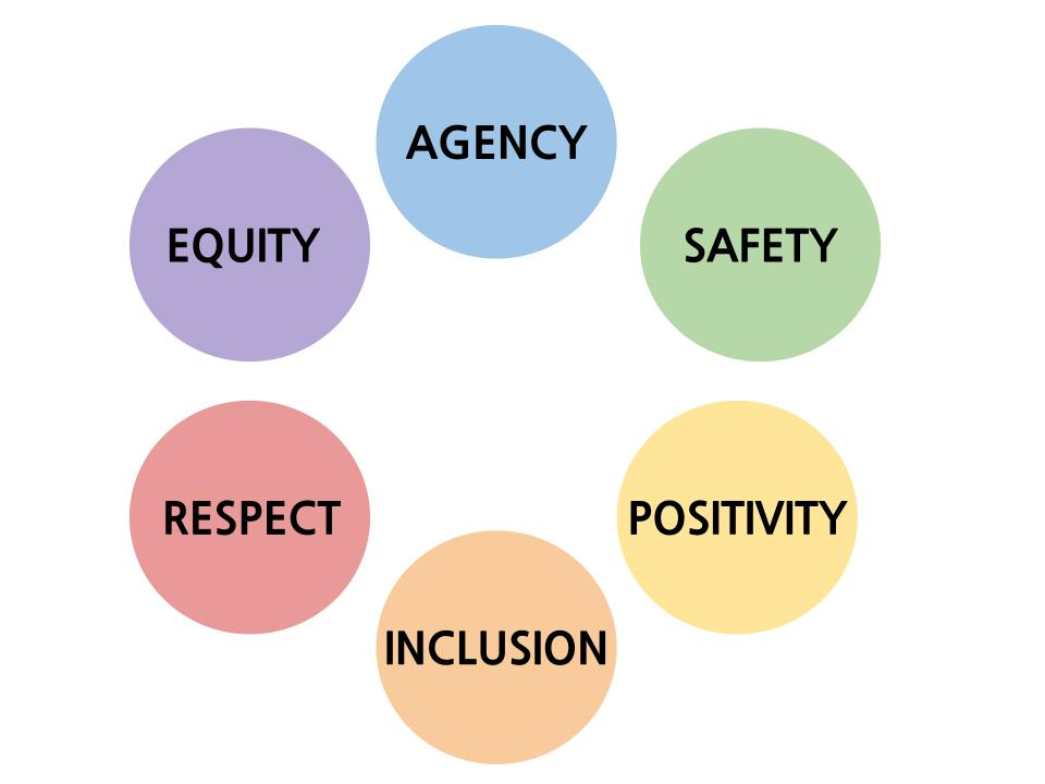 Five colored circles with the five principles of ASPIRE: agency, safety, positivity, inclusion, respect and equity.