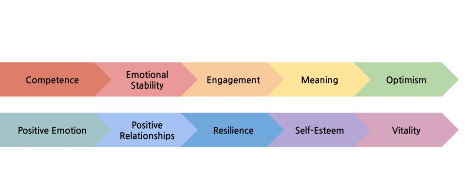 This model displays the aspects of the wellbeing conceptual framework: Competence (Accomplishment) Emotional stability Engagement Meaning Optimism Positive Emotion Positive Relationships Resilience Self-Esteem Vitality