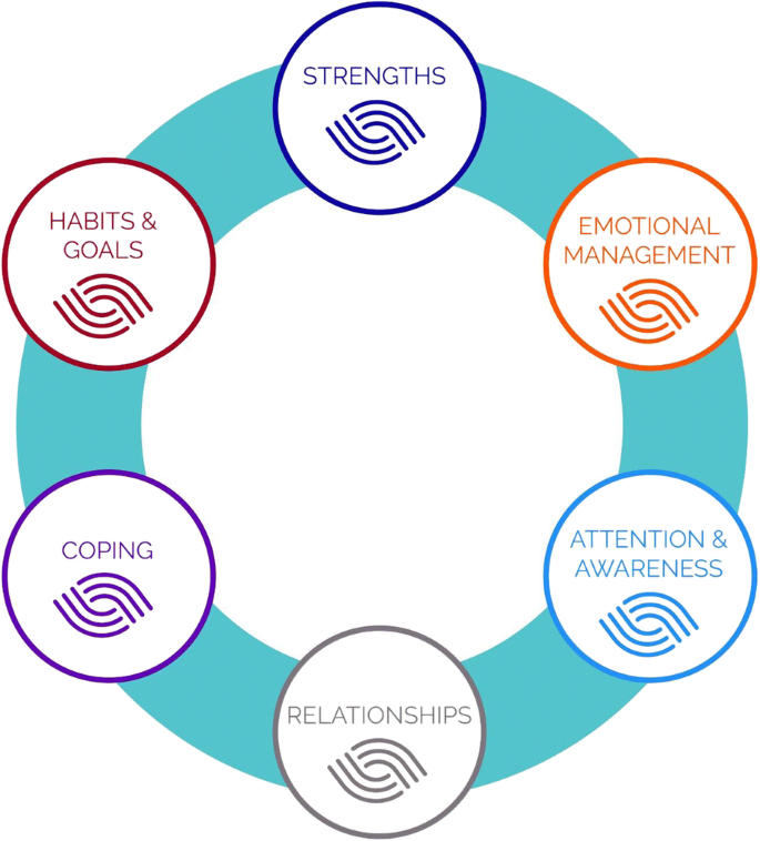 The words Strengths, Emotional Management, Attention & Awareness, Relationships, Coping, Habits and Goals are arranged in bubbles around a circle. 