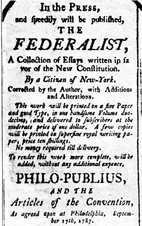 Une publicité pour le Fédéraliste 1787