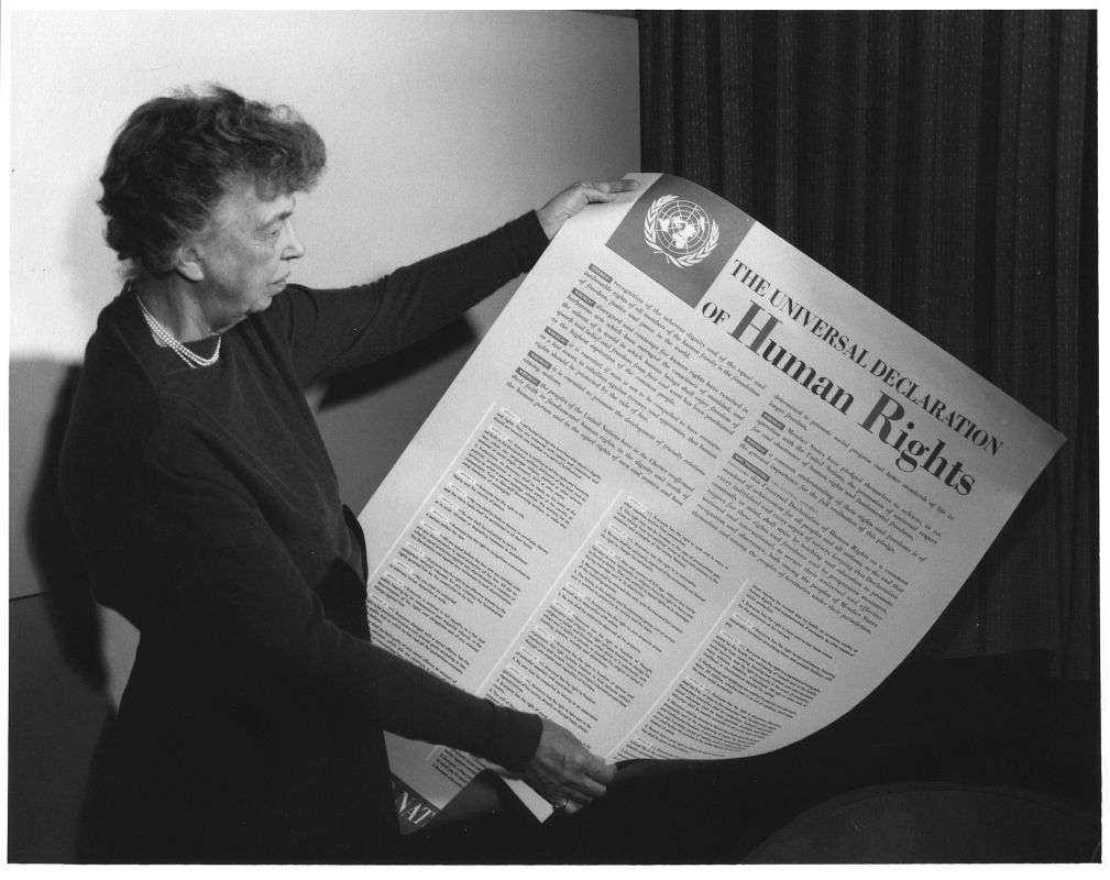 Roosevelt with the Universal Declaration of Human Rights, which includes Franklin Roosevelt's Four Freedoms