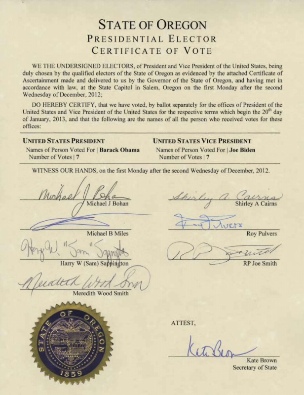 Oregon Electoral College 2012 Certificate of Vote