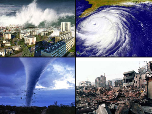 Image of a tsunami, hurricane, tornado, and earthquake aftermath