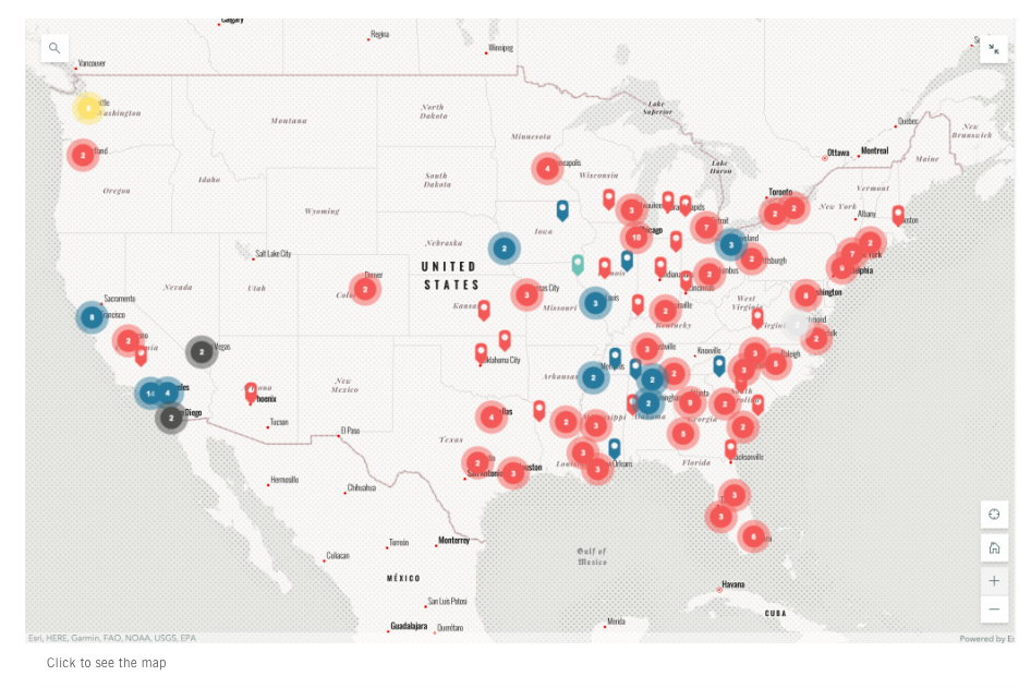 Screenshot of a map of the United States with dot representing black media