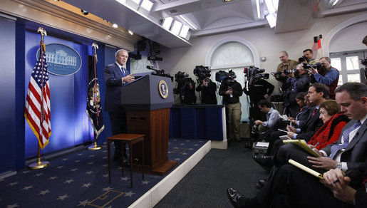 President George W. Bush responds to questions during his final press conference in the James S. Brady Press Briefing Room of the White House