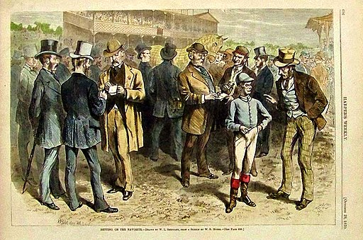 Painting of a group of men betting at horse races