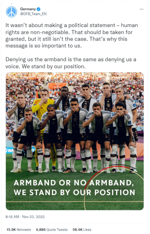 German Team photo with players holding hands over mouths with text that says "It wasn’t about making a political statement – human rights are non-negotiable. That should be taken for granted, but it still isn’t the case. That’s why this message is so important to us.  Denying us the armband is the same as denying us a voice. We stand by our position."