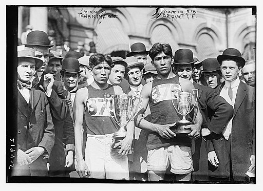 Photo shows Hopi American long distance runner and Olympic medal winner Louis Tewanima (1888-1969) and Mitchell Arquette, member of the cross country team of Carlise Indian School, after marathon in New York City, May 6, 1911. (Source: Flickr Commons project, 2009 and New York Times, May 7, 1911)