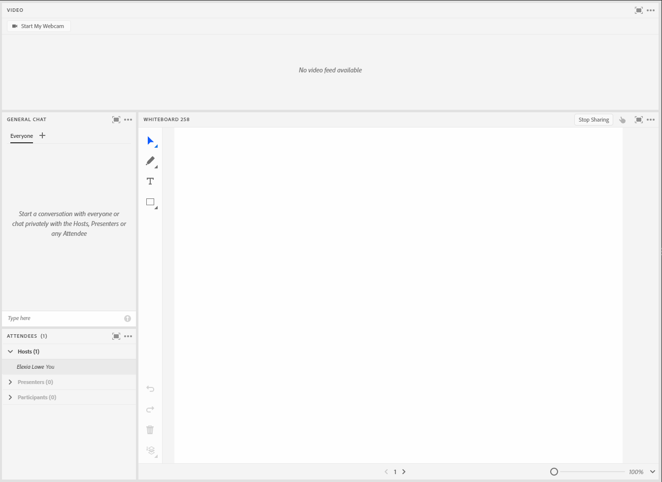 This is a screengrab of an example layout for a breakout room with the whiteboard share pod. The top of the image has a video pod that stretches from across the screen to allow for multiple people to be in camera. Underneat the video pod to the left is a short and narrow chat pod. Beneach the chat pod is a short and narrow attendees pod where attendees names can be viewed. The main center of the image has the share pod with the whiteboard. The white board has multiple tool options in a bar to the left that includes a pointer, marker, text box, and shape making tools.